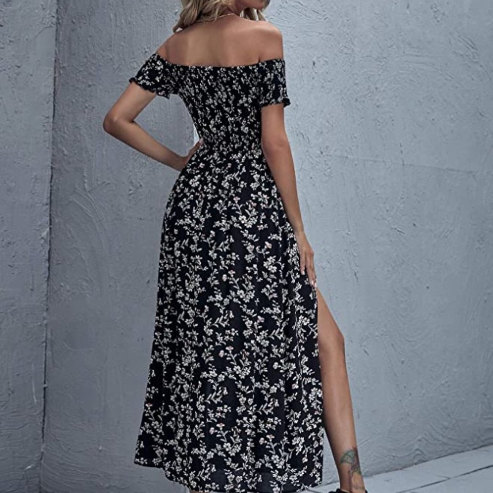 Women's Boho Floral Print Off Shoulder Split Long A Line Dress - Picture 4 of 5